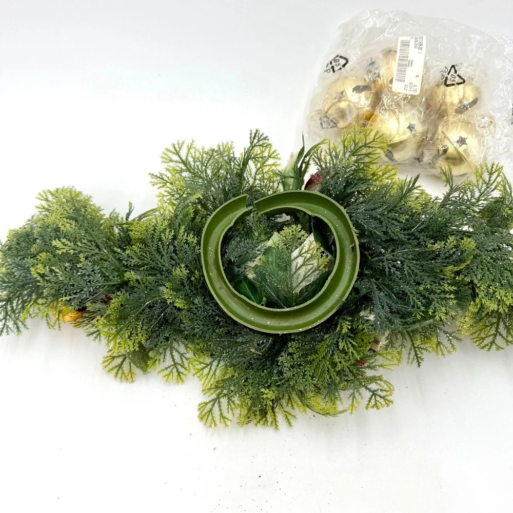VTG‎ Christmas Plastic Greenery Centerpiece Candle Decor and 5 Golden Bells